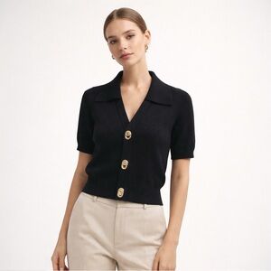 Commense Effortless Women Collared Top Black XL Ribbed Gold Turn-Lock Minimalist